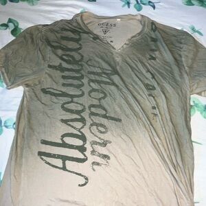 Guess Women’s XL V-Neck Graphic Tee Beige Distressed Casual Short Sleeve